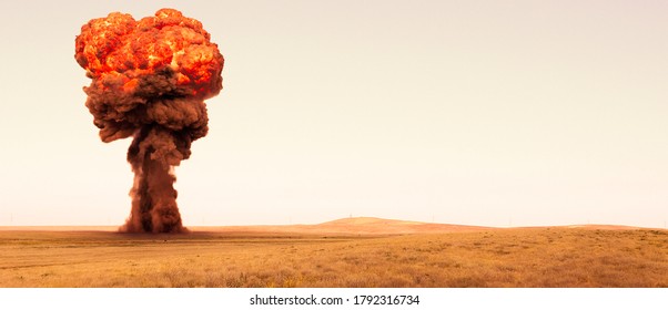 Explosion, nuclear bomb test in a deserted steppe.