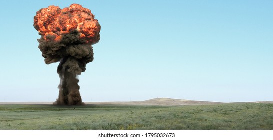 Explosion, Nuclear Bomb Test In A Deserted Steppe.