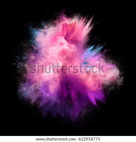 Explosion of pink, violet and blue powder on black background. Freeze motion of color powder exploding. Illustration