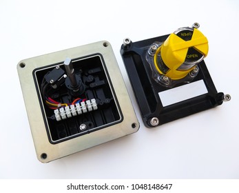 Explosion proof Instrument position switch and terminal block connection cable inside junction box isolated on white background