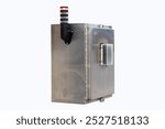 Explosion proof junction box aluminum isolated on white background. Electrical with cable route application. Weatherproof Instrument contain analog signal red, green warning lights.