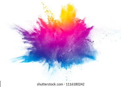 Explosion Of Rainbow Color Powder On White Background.