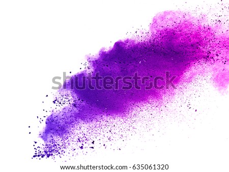 Explosion of violet colored powder on white background