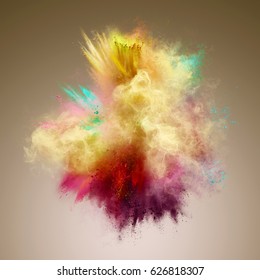 Explosion Of Yellow, Red And Aqua Powder. Freeze Motion Of Color Powder Exploding. Illustration