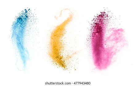 Explosions Of Colored Powder, Isolated On White Background