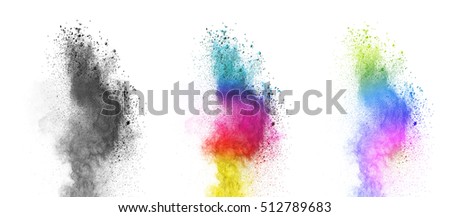 Explosions of colored powder, isolated on white background