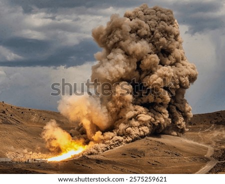 Explosive clouds of dust and debris erupt dramatically from a rough terrain under a cloudy sky. Big explosion on background in the desert city. Elements of this image furnished by NASA