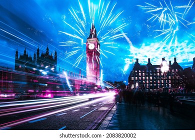 Explosive Fireworks Display Fills The Sky Around Big Ben. New In Cyberpunk Pink Neo Light Year's Eve Celebration In The City