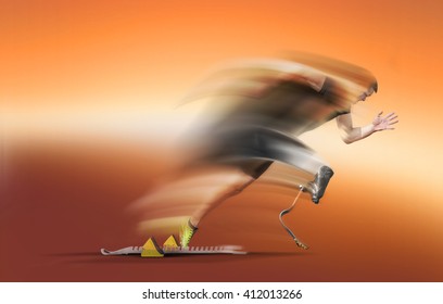 Explosive motion blurred start of an handicapped athlete out of the blocks with glowing running blades . - Powered by Shutterstock