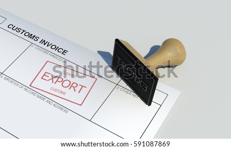 Export cleared approval stamp of customs clearance border control service on customs invoice paper with wooden stamper isolated on table surface government border protection wide scene background