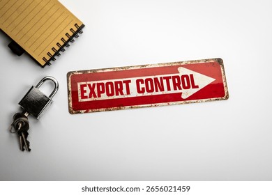 Export Control Compliance Concept with Lock, Keys, Notebook, and Direction Arrow on White Background.