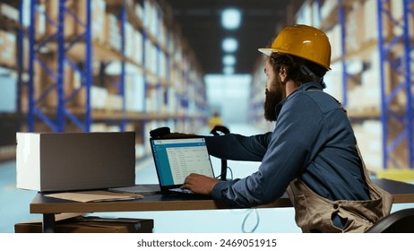 Exporting supervisor in charge of producing receipts for item administration, tracking delivery and transportation requirements. Manufacturing operator going over records for order submission.