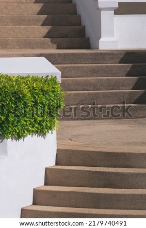 Exposed Aggregate Finish Cobble Stone staircase decoration and green bush hedge with sunlight and shadow on surface in vertical frame 