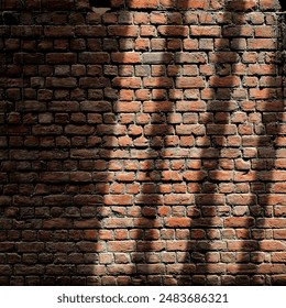 an exposed brick wall, showcasing the rustic texture and rich, earthy tones of the bricks. The natural light casts soft shadows across the surface, adding depth and a touch of drama to the scene. 