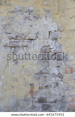 Background with plastered wall surface, bricks and wooden door