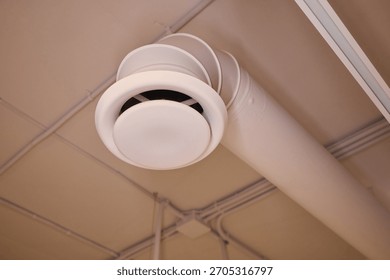 exposed ceiling with round vent diffuser and pipes, white painted metal ducts and electrical conduit, ceiling-mounted detector, soft industrial lighting,