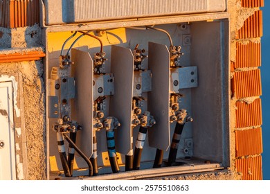 Exposed electrical box in Spain 
 missing it's door during sunset golden hour