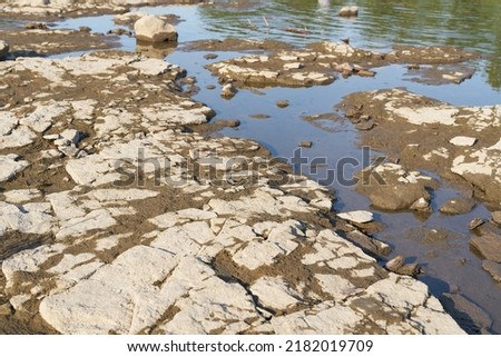   Exposed parched riverbed of the Elbe River in Magdeburg, Germany during severe drought in summer                             