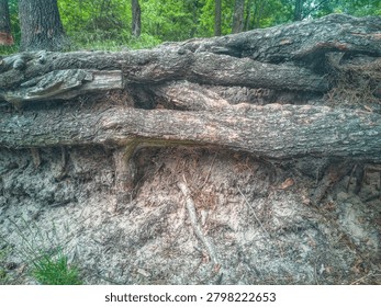 Exposed pine tree roots due to soil erosion, powerful root system on sandy hill