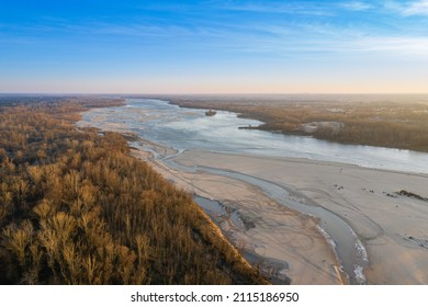 Exposed River Bed  Due To Low Water Level. The Effects Of Drought Aerial Image.