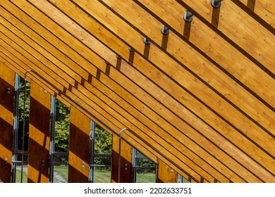 Exposed wooden rafters supporting glass roof on open plan eco-friendly property. Modern interior design of green eco home with bright light . Wood truss or rafter beams across ceiling skylight window.