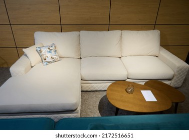 Exposition Center With A Variety Of Stylish And Modern Sofas, Settees, Coffee Tables, Couches With Cushions, Pillows And Blankets In A Furniture Design Studio