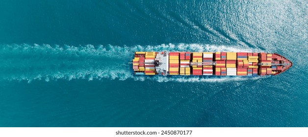 Express Cargo Container Ship with contrail in the ocean ship carrying container and running for export concept technology freight shipping by ship forwarder mast - Powered by Shutterstock