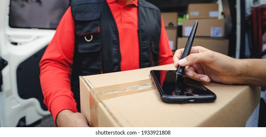 Express courier delivering cardboard box order to customer - Deliver and online buying concept