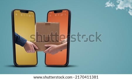 Express courier delivering parcels to a customer, two smartphones facing each other, online shopping and delivery service concept