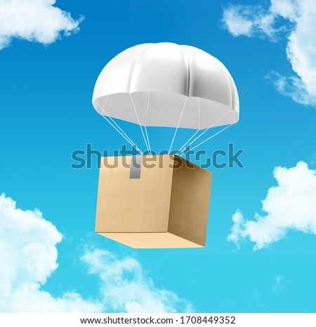Express delivery box with parachute transportation background concept.
