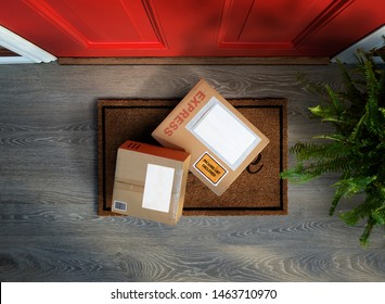 Express delivery boxes outside front door are easy to steal. Overhead view. Add your own copy and label