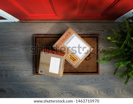 Express delivery boxes outside front door are easy to steal. Overhead view. Add your own copy and label