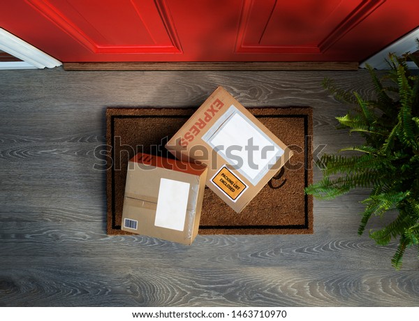 Express delivery boxes\
outside front door are easy to steal. Overhead view. Add your own\
copy and label