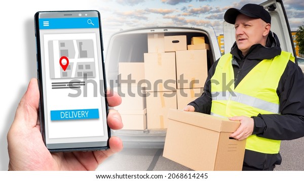 Express delivery. Courier takes box out of van.\
Phone with delivery app interface. Map and delivery button in app.\
Courier logistics of orders. Career in courier business. Portrait\
of postman