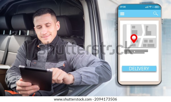 Express delivery. Successful courier business. Courier\
looks at the delivery orders and smiles. Deliveryman with an\
electronic tablet. A smartphone with a delivery application\
interface. 