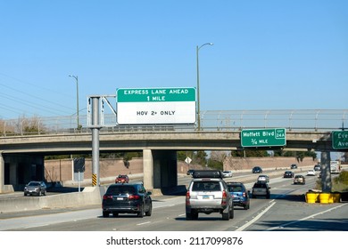 Express Lane Ahead. HOV Only Road Sign On State Highway 85 - Mountain View, California, USA - 2022