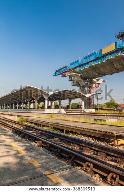 Express way construction site over railway\
station in Bangkok,\
Thailand