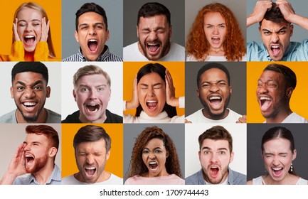 Expressing anger concept. Collage with diverse people screaming, showing negative emotions, color baclground