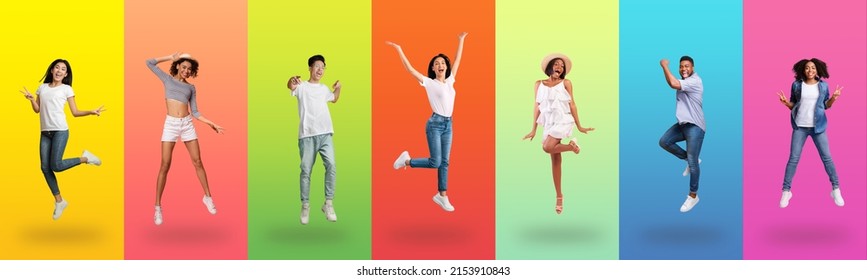 Expressing Joy And Happiness. Full Body Length Of Active Energetic Young Men And Women Jumping Over Gradient Colorful Studio Background Walls, Banner. Excited Male And Female Models Celebrating Win