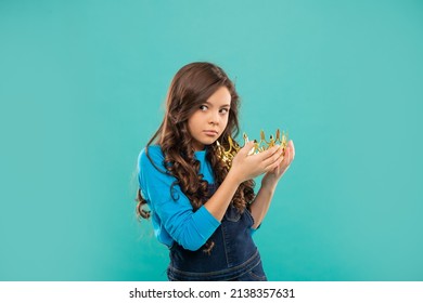 Expressing Smug. Arrogant Princess In Tiara. Proud Kid With Curly Hair