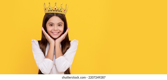 Expressing Smug. Arrogant Princess In Tiara. Proud Teen Girl Smiling. Child Queen Princess In Crown Horizontal Poster Design. Banner Header, Copy Space.