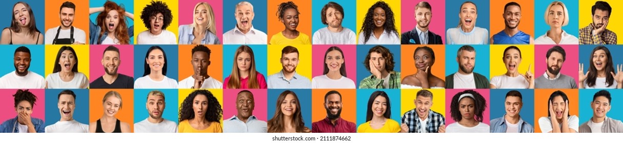 Expression of emotions concept. Collage of multiethnic group of people showing their feelings over bright studio backgrounds, panorama. Mosaic of diverse male and female faces - Shutterstock ID 2111874662