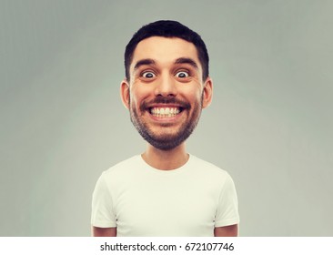 expression and people concept - smiling man with funny face over gray background (cartoon style character with big head)