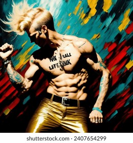 Expressionist artistic image of a blonde man is wearing gold pants and dancing while saying "we are all left shark"