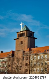 Expressionist sacral architecture: tower of the catholic church "St. Augustinus" in Berlin-Prenzlauer Berg - Shutterstock ID 2204951799