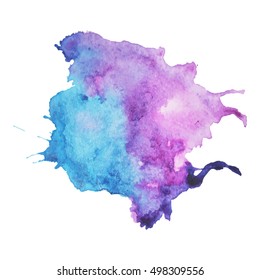 Expressive Abstract Watercolor Stain With Splashes And Drops Of Purple Blue Color. Watercolor Background