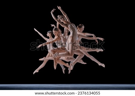 Expressive, artistic dance. Ground of young tented people, ballet dancers in motion, dancing against black background. Concept of classical and modern dance, beauty, creativity, art, theater