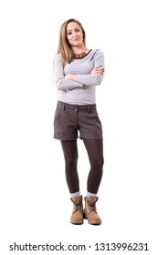 Expressive Cute Young Stylish Woman Smiling And Looking At Camera With Furrowed Brow Look. Full Body Isolated On White Background. 