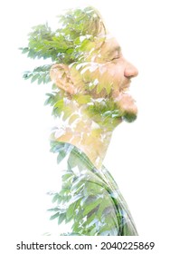 Expressive Double Exposure Portrait. Isolated On A White Background