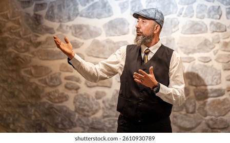 Expressive elderly man gesturing while speaking, symbolizing human connection and emotional intelligence in a world of digital communication and artificial voices.